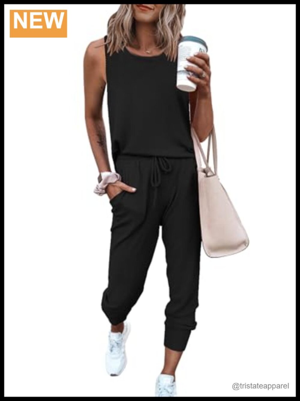 Sleeveless Tank & Drawstring Jogger 2 Piece Lounge Set Polyester Viscose